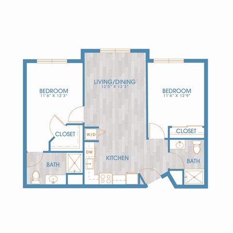 Floor plan for 2 beds, 2 baths, 915 sqft